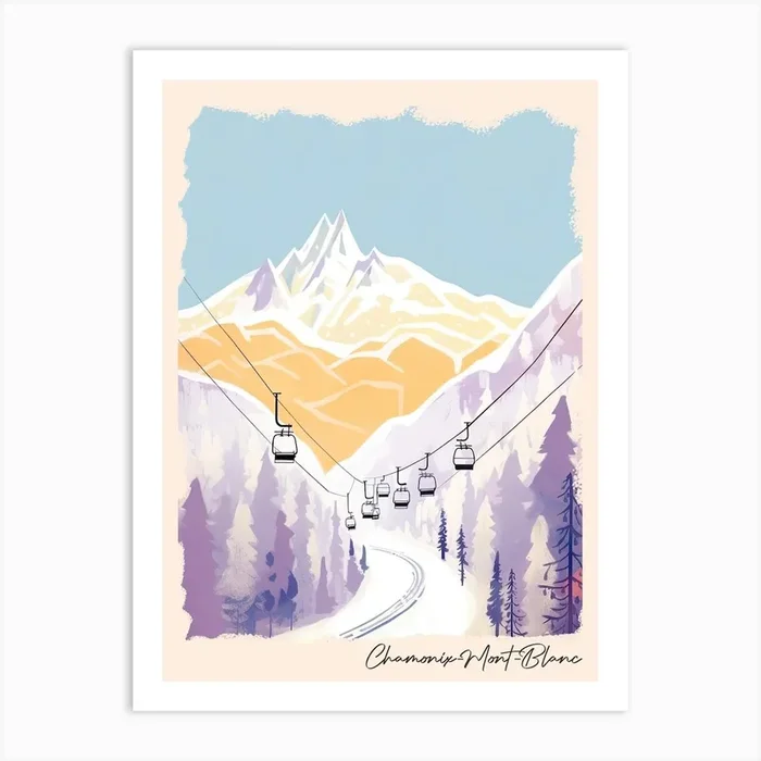 Poster Of Chamonix Mont Blanc France, Ski Resort Pastel Colours Illustration 1 Art Print by Piste Posters