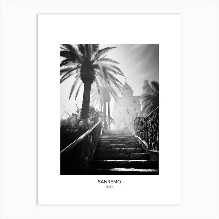 Poster Of Sanremo, Italy, Black And White Photo 3 Art Print by Monochrome Vistas