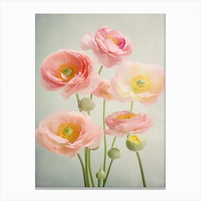 Ranunculus Flowers Acrylic Painting In Pastel Colours 3 Canvas Print by Fusion Designs