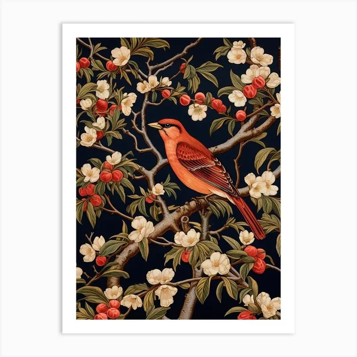 Red Cardinal In Cherry Blossoms Art Print by Rizwana Khan