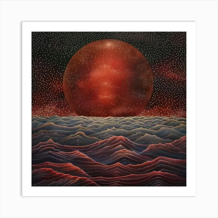 Red Moon, Tiny Dots, Pointillism Art Print by Moisky