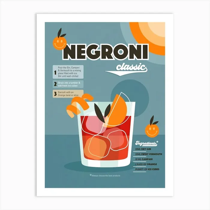 Retro Cocktail Negroni Recipe Blue Art Print by Dominique Vari