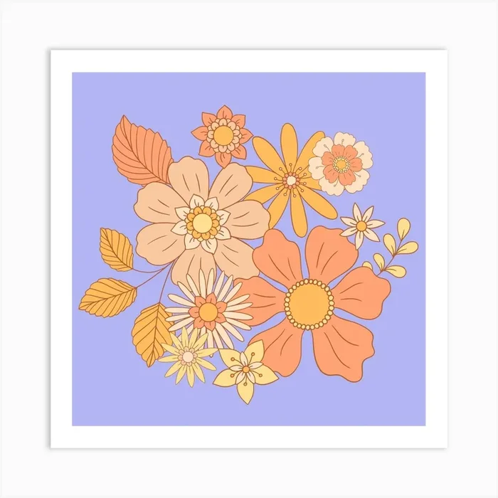Retro Flowers Orange And Purple Art Print by Trendy Wendy