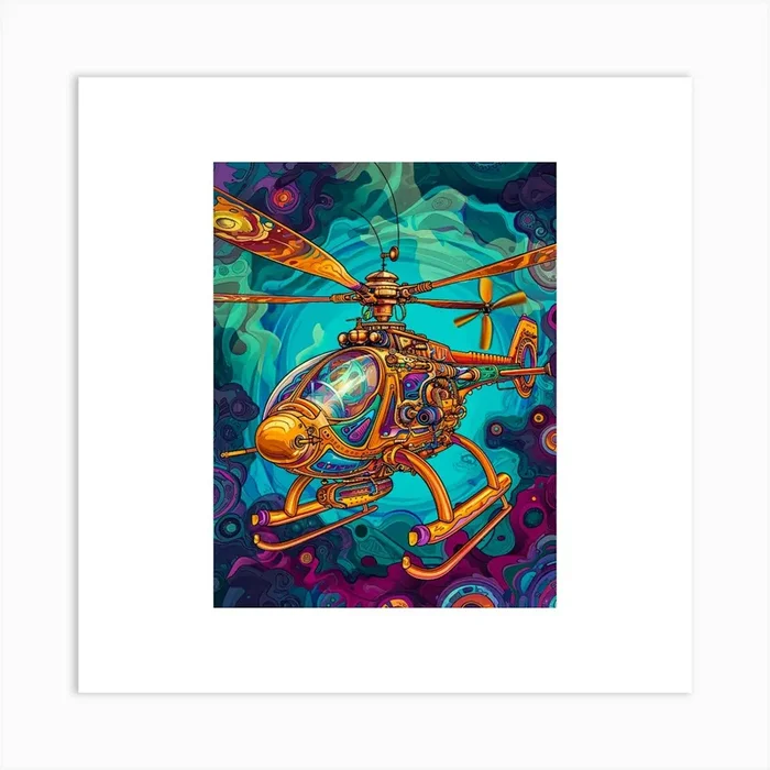 Retro Psychedelic Helicopter Art Print by Ai Artistic Creation