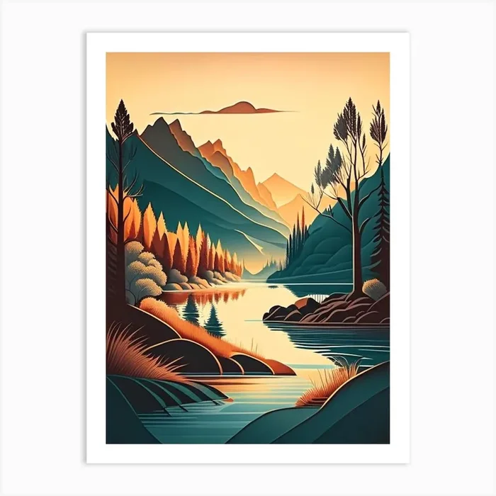 River Waterscape Retro Illustration 1 Art PrintHH by Hydro Hues