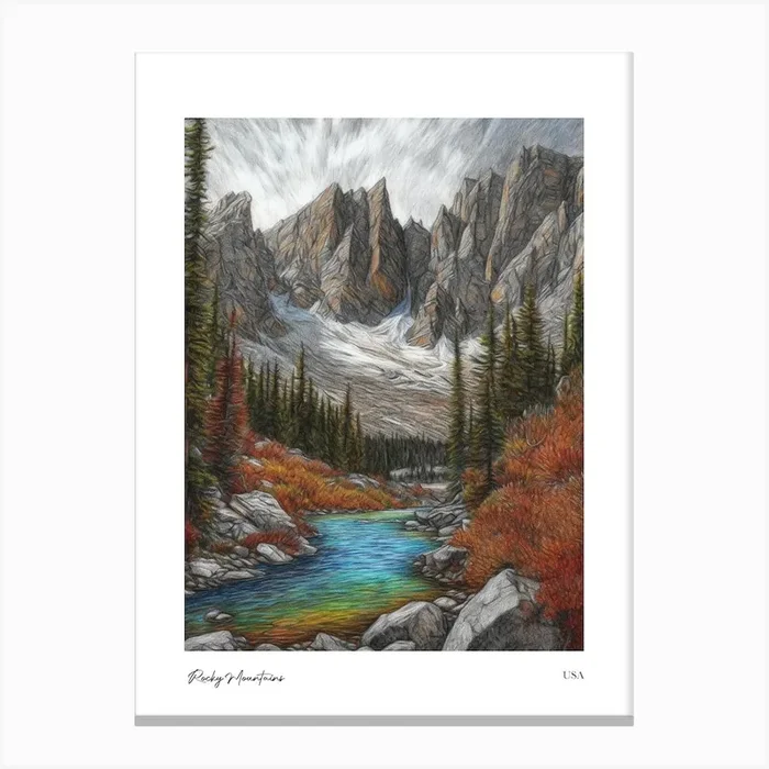 Rocky Mountains Usa Pencil Sketch 3 Watercolour Travel Poster Canvas Print by Fusion Designs