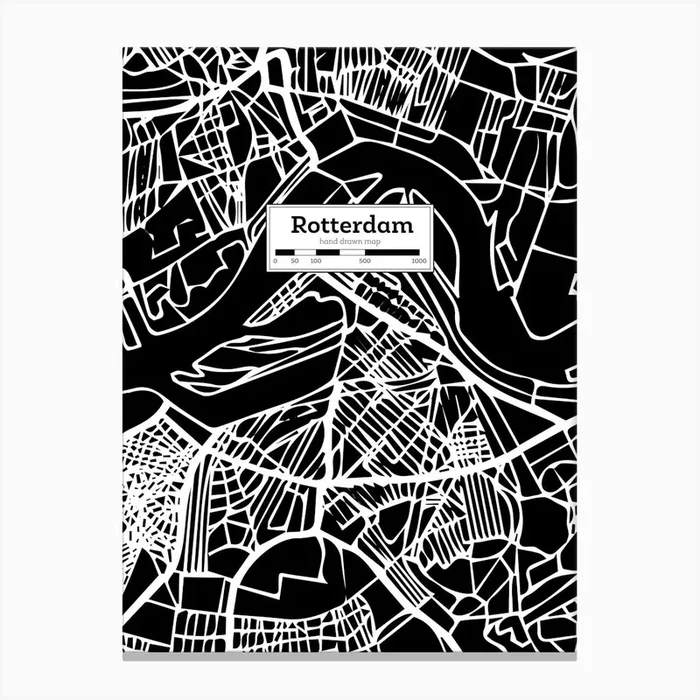 Rotterdam (Holland) City Map — Hand-drawn map, vector black map Canvas Print by Synthwave1950