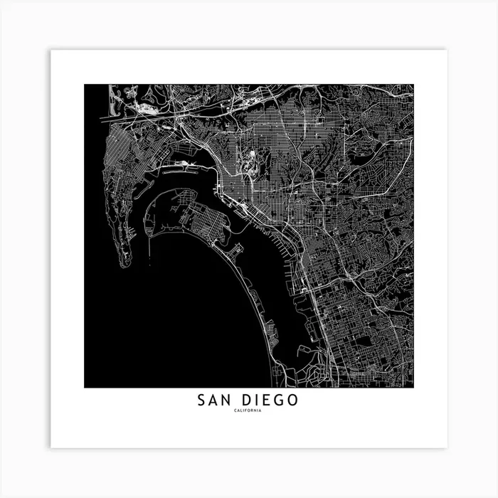 San Diego Black And White Map Square Art Print by multipliCITY