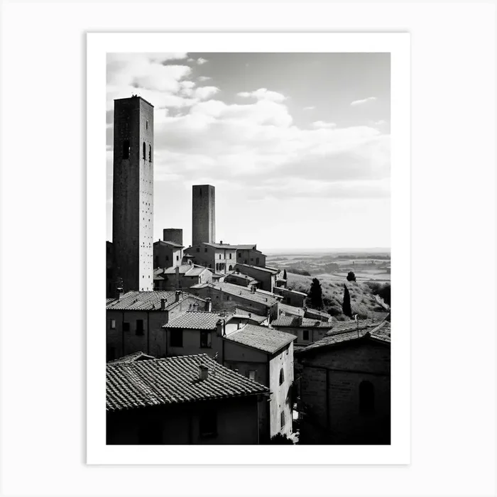 San Gimignano, Italy, Black And White Analogue Photography 1 Art Print by Monochrome Vistas