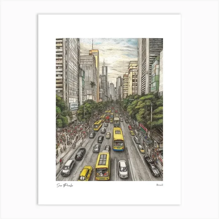 Sao Paulo Brazil Drawing Pencil Style 1 Travel Poster Art Print by Fusion Designs