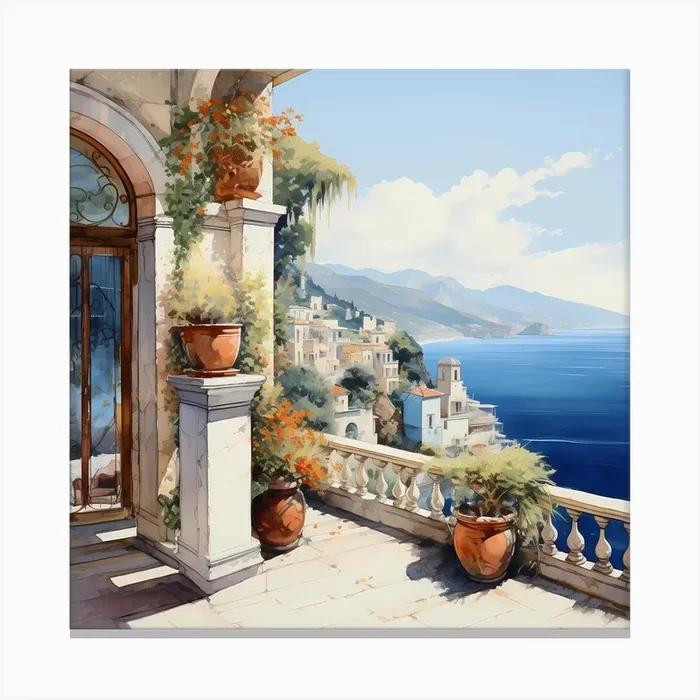 Sapphire Shores: Watercolour Elegance Along Positano’s Coastline Canvas Print by Quantum Vivid Digital Art