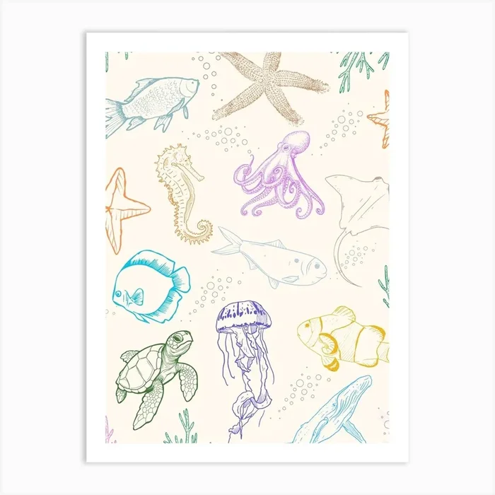 Sea Animals Line Drawing Poster Art Print by Trendy Wendy