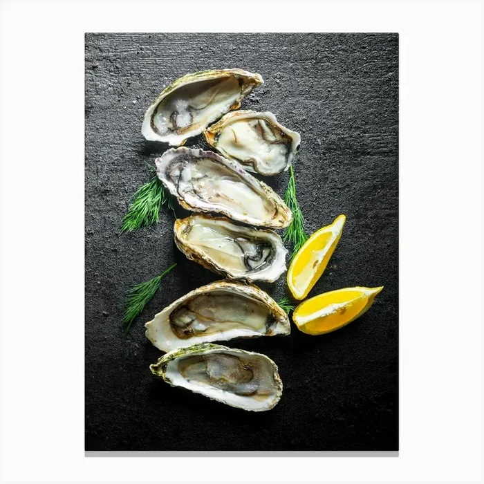 Seafood. Fresh oysters, lemon — Food kitchen poster/blackboard, photo art Canvas Print by Synthwave1950