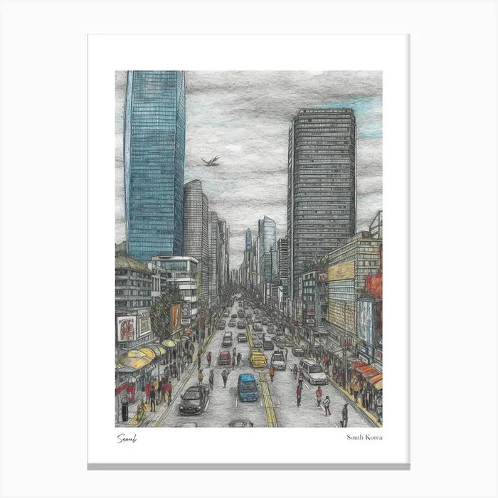 Seoul South Korea Drawing Pencil Style 1 Travel Poster Canvas Print by Fusion Designs