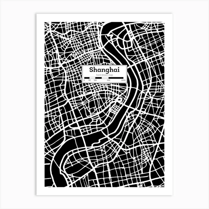 Shanghai (China) City Map — Hand-drawn map, vector black map Art Print by Synthwave1950