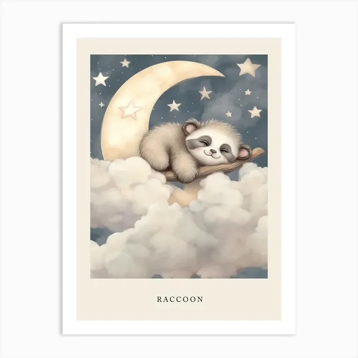 Sleeping Baby Raccoon 2 Nursery Poster Art Print by Scribble Studio