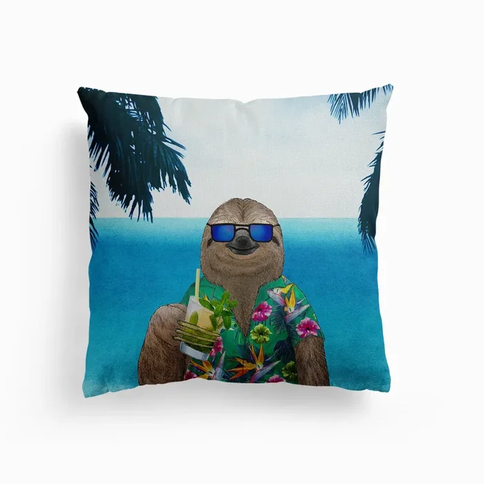 Sloth In Summer Drinking A Mojito Canvas Cushion by Barruf