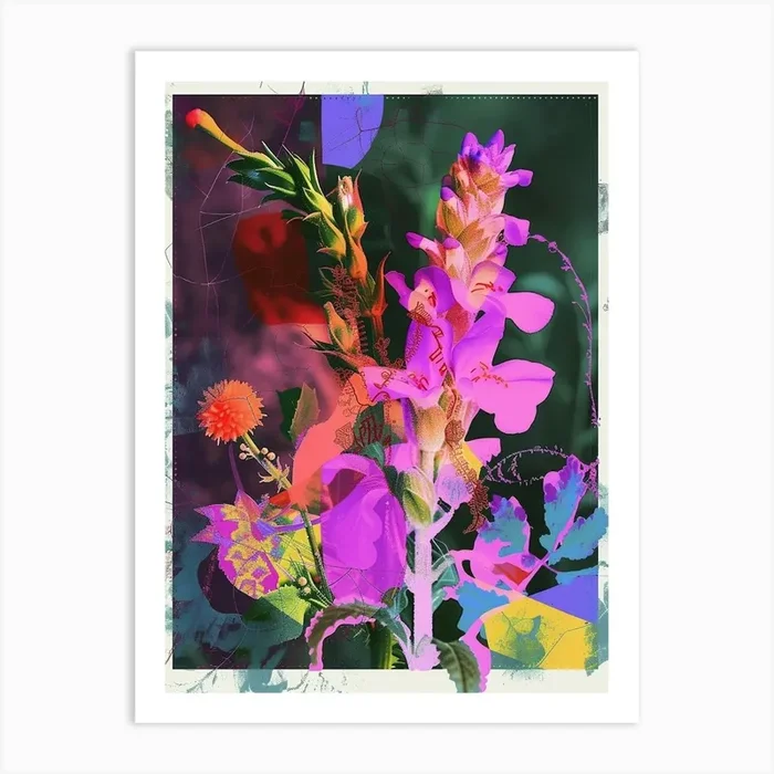 Snapdragon 1 Neon Flower Collage Art Print by Botanic Studio