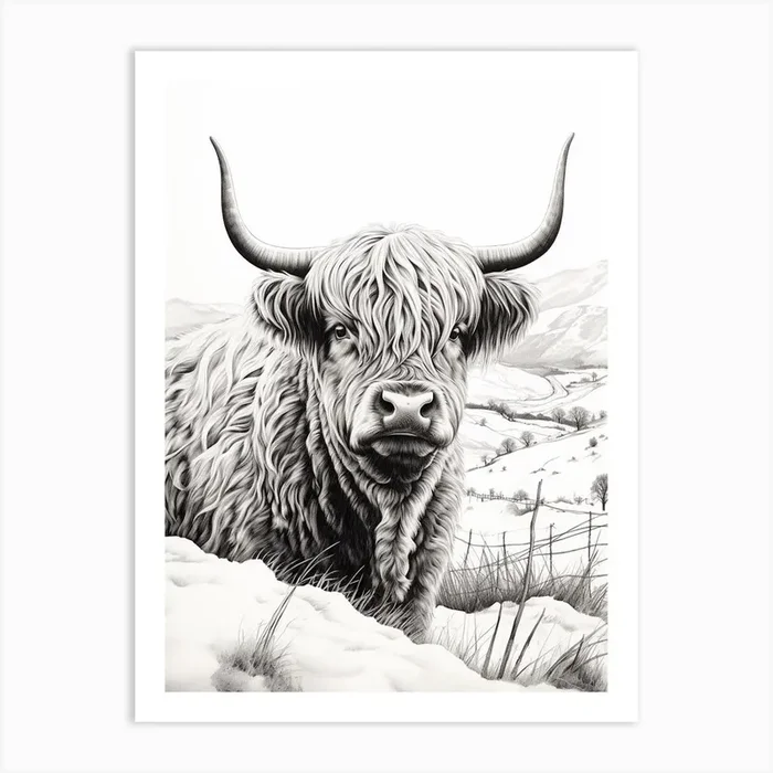 Snowing Highland Cow In Rolling Fields Art Print by Exploring the Highlands