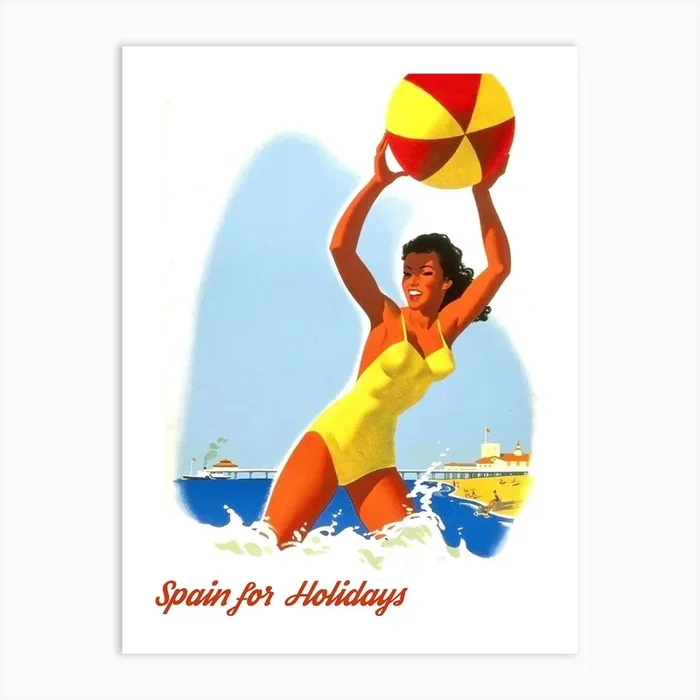 Spain For Holidays, Happy Swimmer With Beach Ball Art Print by Vintage Spirit