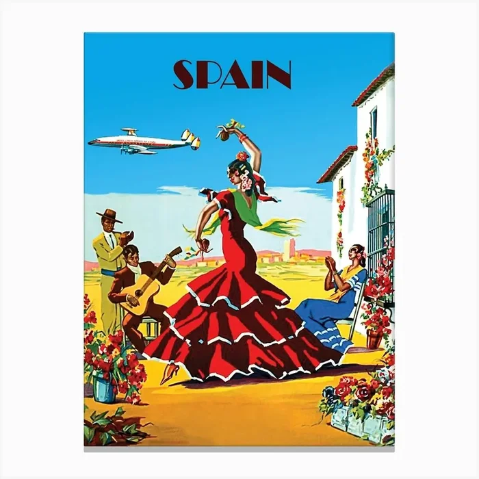 Spanish Dancers Welcomes New Airplane Arrival, Vintage Travel Poster Canvas Print by Vintage Spirit