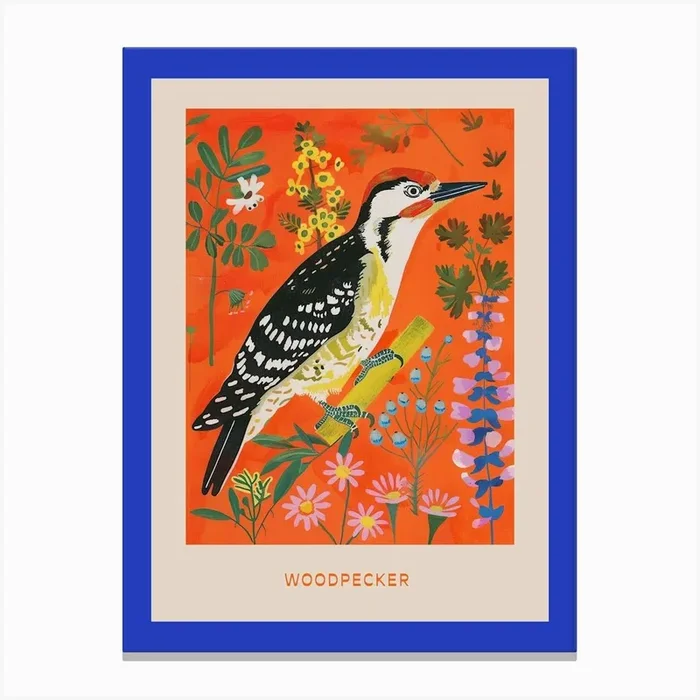 Spring Birds Poster Woodpecker 1 Canvas Print by Feathered Muse