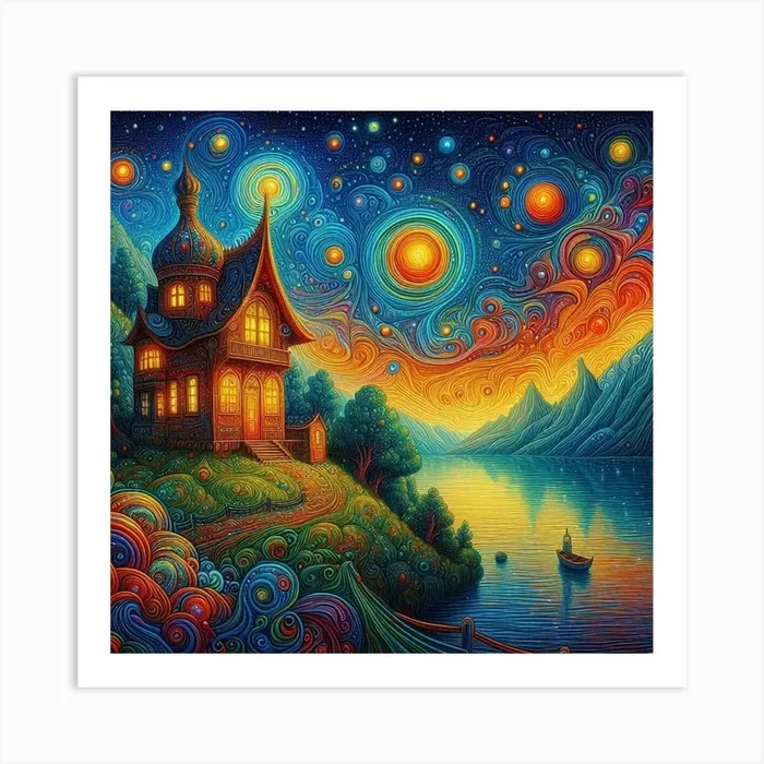 Starry Night with lake in psychedelic painting art Art Print by Vinzlim