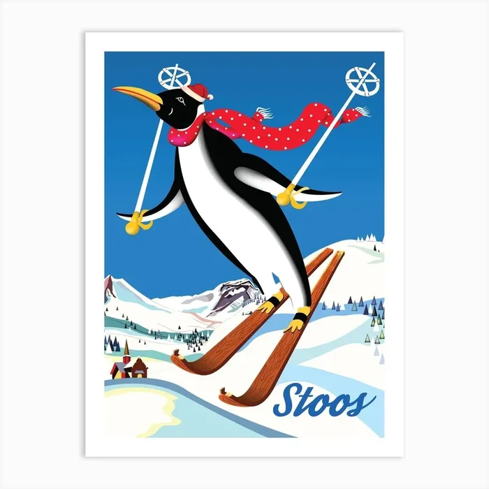 Stoos, Skiing Penguin, Switzerland Art Print by Vintage Spirit