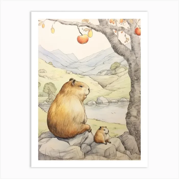 Storybook Animal Watercolour Capybara 2 Art Print by Scribble Studio