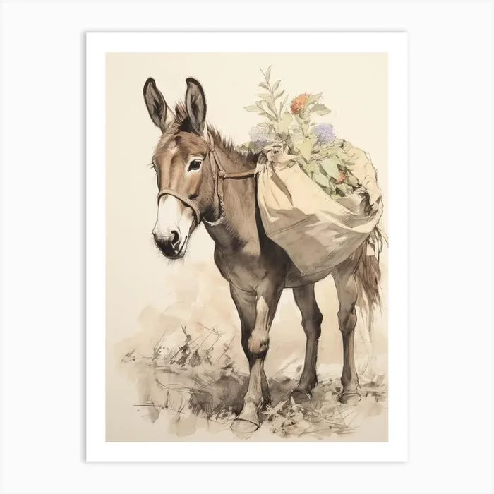 Storybook Animal Watercolour Donkey 1 Art Print by Scribble Studio