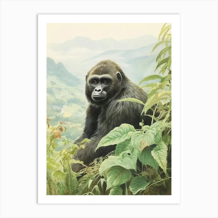 Storybook Animal Watercolour Mountain Gorilla 1 Art Print by Scribble Studio