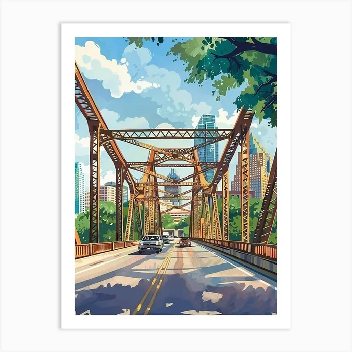 Storybook Illustration Congress Avenue Bridge Austin Texas 1 Art Print by PixelPerfect