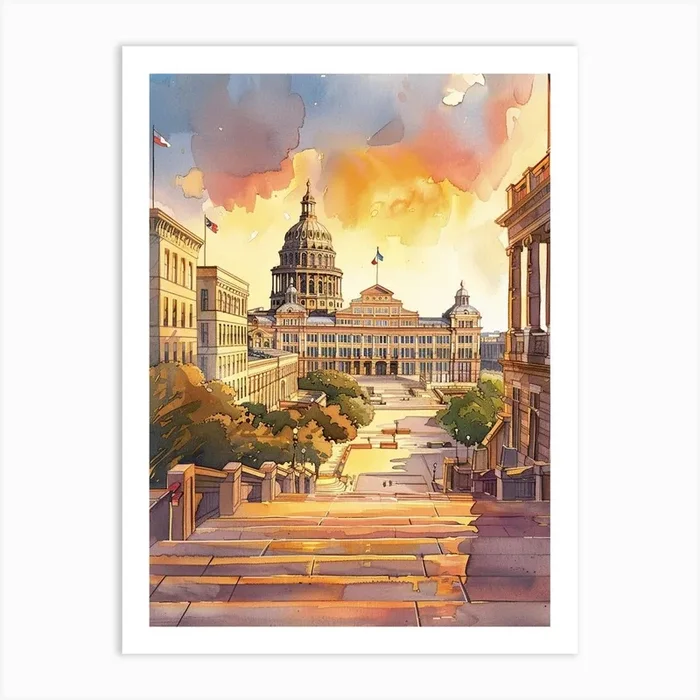 Storybook Illustration The Austin Texas State Capitol Austin Texas 1 Art Print by PixelPerfect
