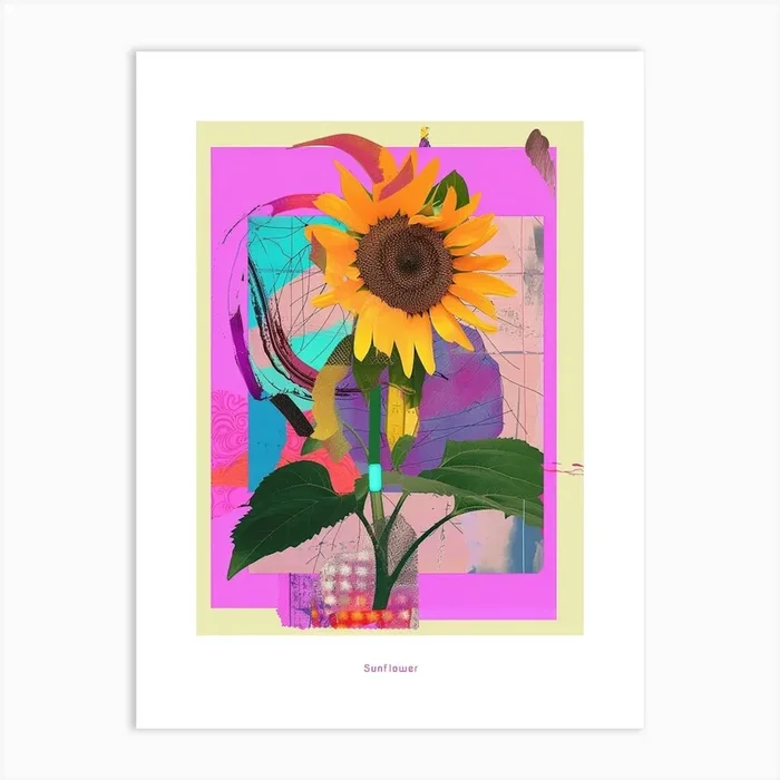 Sunflower 2 Neon Flower Collage Poster Art Print by Botanic Studio