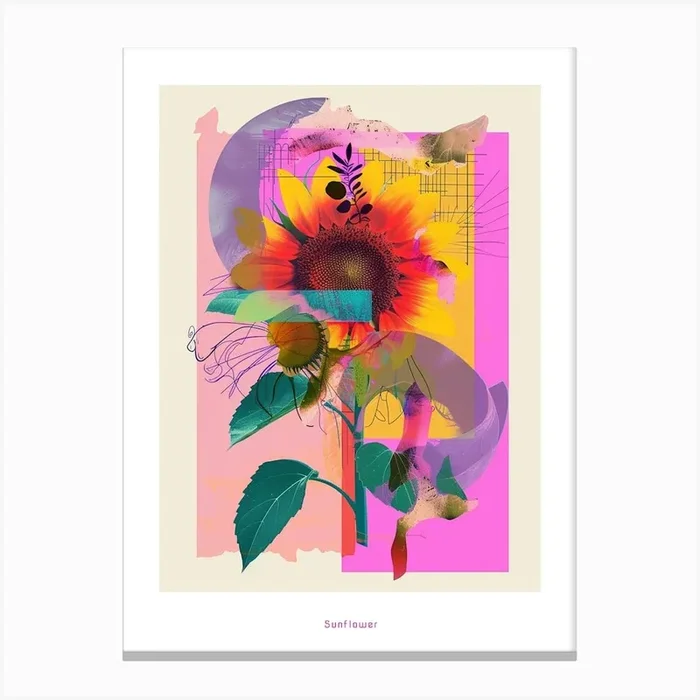 Sunflower 4 Neon Flower Collage Poster Canvas Print by Botanic Studio