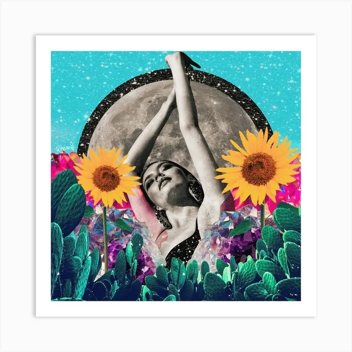 Sunflower Cactus Moon Babe Collage Square Art Print by Collage Art by Hana Brenner-Katz