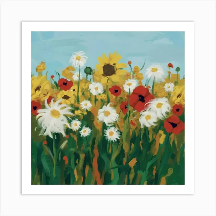 Sunflowers And Daisies Art PrintT by Thedesignrhub