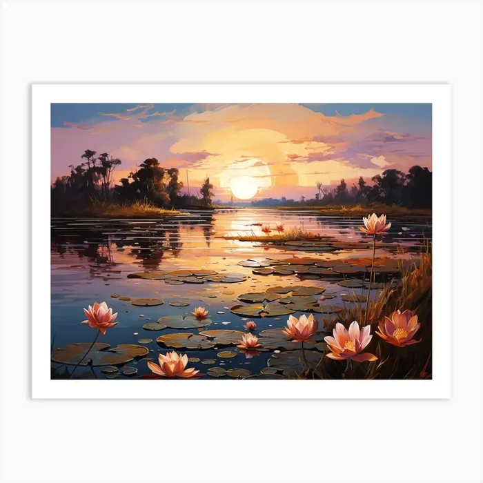 Sunset With Water Lilies Art Print by Creating professional oil paintings out of any small idea