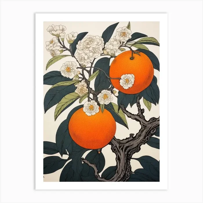 Tachibana Mandarin Orange 3 Vintage Botanical Woodblock Art Print by Botanic Studio