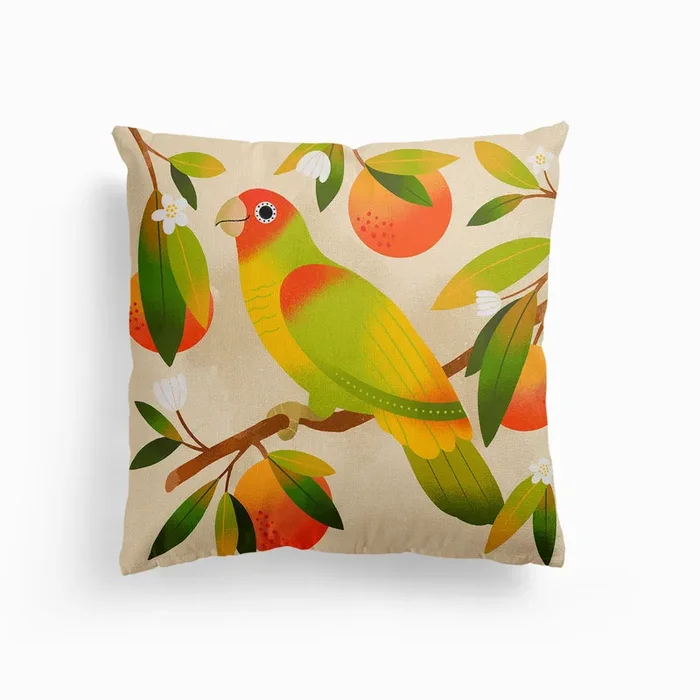 Tangerine Parrot Canvas Cushion by Jess Miller Draws