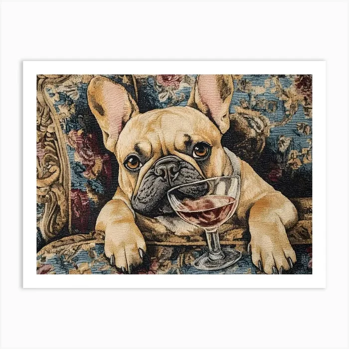 Tapestry Frenchie Drinking 5 Art PrintSC by S.K. Coghlan