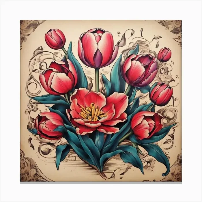 Tattoo Tulips, Old School Style Canvas Print by Rozal Digital Art