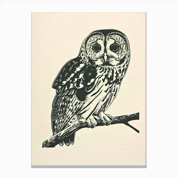 Tawny Owl Linocut Blockprint 2 Canvas Print by Feathered Muse