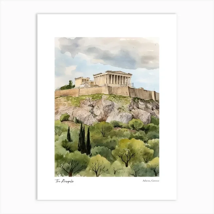 The Acropolis, Athens 4 Watercolour Travel Poster Art Print by Fusion Designs