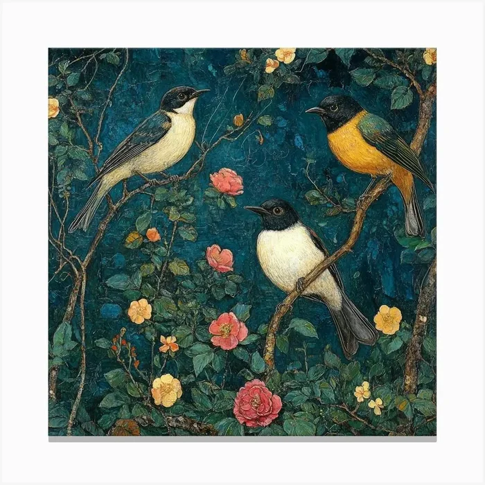 Three Birds In A Garden Art Canvas PrintS by Saiful