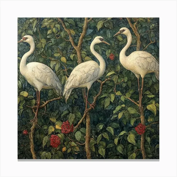 Three Cranes In A Rose Garden Art Canvas PrintS by Saiful