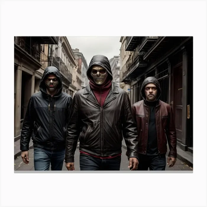 Three Men In Masks Walking Down An Alley Canvas Print by Quantumchill