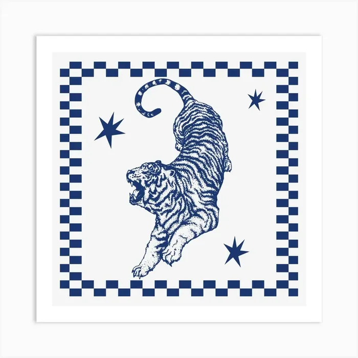 Tiger | Retro Tiger with Checkerboard Border 1 Art PrintKS by Kitty Strand