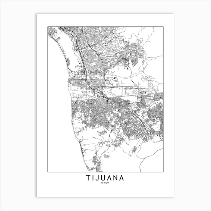 Tijuana White Map Art Print by multipliCITY