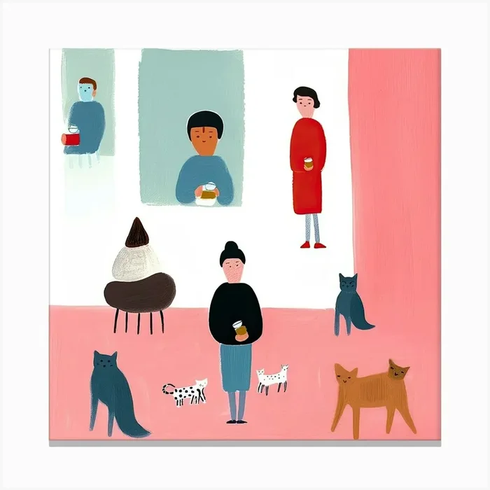 Tiny People At The Cat Cafe Illustration 4 Canvas Print by Mambo